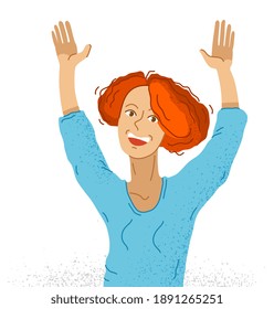 Young adorable happy woman raised hands up hello I am here vector illustration isolated, smiling girl shows gesture to attract an attention.