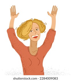 Young adorable happy woman raised hands up hello I am here vector illustration isolated, smiling girl shows gesture to attract an attention.