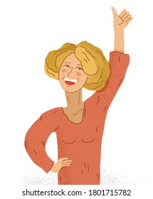 Young adorable happy woman shows thumb up finger vector illustration isolated, smiling girl shows like gesture with hand raised up.