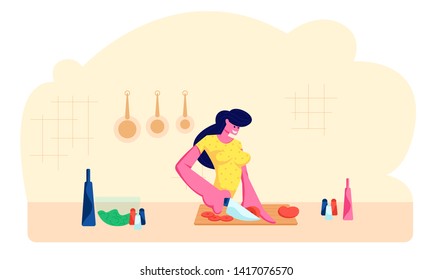 Young Adorable Woman Chopping Vegetables. Happy Female Character Cooking on Kitchen at Home Preparing Delicious and Healthy Food for Dating or Dinner, Spare Time. Cartoon Flat Vector Illustration