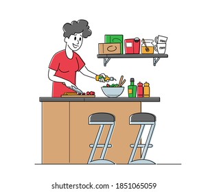 Young Adorable Woman Chopping Vegetables Cooking Salad. Happy Female Character Cook on Kitchen at Home Preparing Delicious and Healthy Food for Dating or Dinner, Spare Time. Linear Vector Illustration