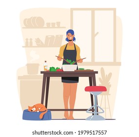 Young Adorable Woman Chopping Vegetables Cooking Salad. Happy Female Character Cook on Kitchen at Home Preparing Delicious and Healthy Food for Family Dinner, Spare Time. Cartoon Vector Illustration