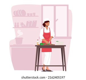 Junge süße Frauen, die Gemüse schneiden und Salat kochen. Happy Female Charakter tragen Koch Uniform Koch auf Küche zu Hause Vorbereitung Köstliche und gesunde Lebensmittel für das Abendessen. Cartoon-Vektorgrafik