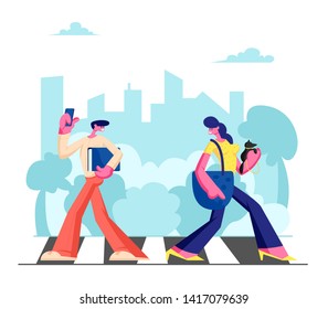 Young Adorable Woman With Dog And Man With Phone Walking Along Crosswalk In Big Busy Metropolis, City Dwellers Lifestyle, Hurry At Work Or Weekend Spare Time, Traffic. Cartoon Flat Vector Illustration