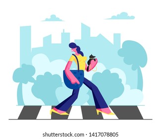 Young Adorable Woman in Fashioned Dress with Little Dog in Hands Walking along Crosswalk in Big Busy Metropolis, Girl City Dweller Lifestyle, Spare Time, Traffic. Cartoon Flat Vector Illustration