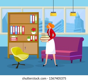 Young Adorable Woman with Ginger Hair Holding Pile of Books in Hands on Room Interior Background with Cityscape View. Office Secretary Carry Documents to Put on Shelf. Cartoon Flat Vector Illustration