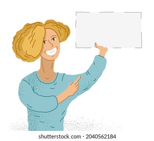 Young adorable woman shows blank paper mockup with copy space for text message vector illustration isolated on white background, advertising concept.