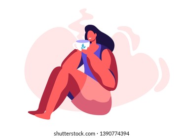 Young Adorable Woman Sitting on Floor Enjoying Cup of Tea or Coffee. Female Character Relaxing with Mug in Hands Drinking Hot Beverage. Leisure, Coffee Break, Resting. Cartoon Flat Vector Illustration