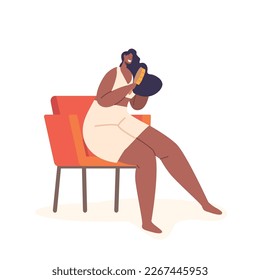 Young Adorable Woman Sitting on Armchair Comb Long Beautiful Hair with Brush after Having Bath or Shower. Black Female Character Daily Routine, Care, Hygiene Procedure. Cartoon Vector Illustration