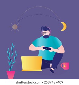 Video Adulto joven adicto a los juegos de azar. amante de la emoción y el deporte cibernético. El personaje masculino usa joystick y juega. Mala gestión del tiempo, dependencia. Ilustración vectorial plana