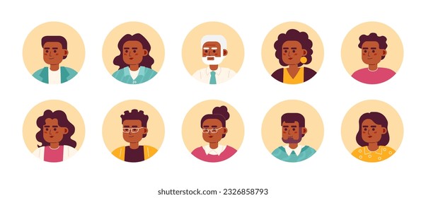 Young and adult african american people semi flat vector character heads pack. Avatar icons. Editable cartoon style emotions. Simple spot illustration bundle for web graphic design