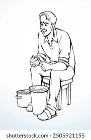 Young adult age joy vegan male guy sit arm hold feed fresh tasty sweet bulb tuber root diet. Line pencil pen drawn human sharp skin job utensil concept old retro cartoon art house kitchen text space