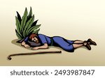 Young adult age sad calm dead needy jew guy face desert bush plant stone bed death. Old Retro East hand drawn ill sick tired jewish pray God faith stress prayer die body cane stick kill story art sign