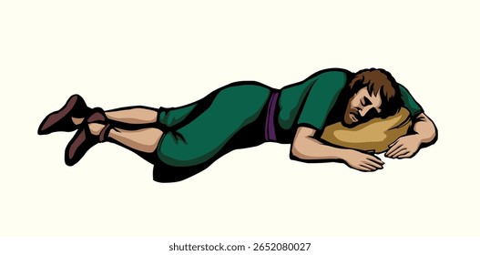 Jovem adulto triste calmo pobre judeu morto cara Elijah enfrentar pedra do deserto. Velho Retro Leste história mão desenhada doente cansado judeu rezar Deus fé estresse oração morrer Abel corpo crime biblic história arte sinal ícone