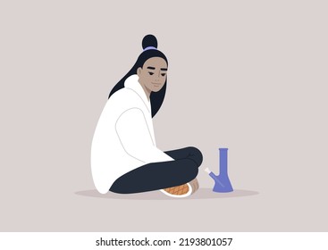 A Young Adult Asian Female Character Smoking Weed With A Glass Bong