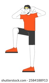 Young adult asian man doing exercise warm-up 2D cartoon character. Fitness routine. Stretching. Korean guy in tshirt shorts with sneakers isolated person flat vector on white. Spot illustration