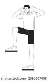 Young adult asian man doing exercise warm-up black and white 2D line character. Fitness routine. Stretching. Korean guy in sportswear isolated vector outline person. Monochromatic spot illustration