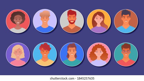 Young adult avatar collection in flat cartoon character design. Cheerful user face icons.