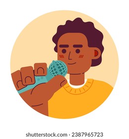 Young adult black man holding mic 2D vector avatar illustration. African american guy singing cartoon character face portrait. Concert performer speaker flat color user profile image isolated on white