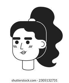 Young adult brunette hispanic woman with wavy ponytail monochrome flat linear character head. Editable outline hand drawn human face icon. 2D cartoon spot vector avatar illustration for animation