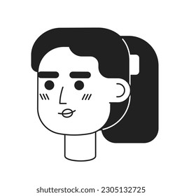 Young adult brunette woman with ponytail monochrome flat linear character head. Pretty girl. Editable outline hand drawn human face icon. 2D cartoon spot vector avatar illustration for animation