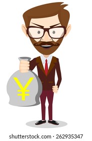 Young adult businessman holding a bag full of money, vector illustration