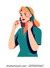 Young adult businesswoman using head phones isolated