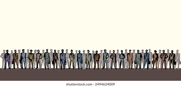 Young adult busy smart bank member suit guy body lineup meet view sign icon concept. Outline black hand drawn talk boss officer career bag case wait old art doodle cartoon style white sky text space