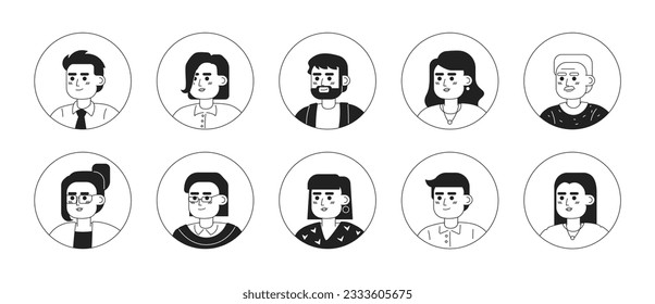 Young adult caucasian people monochrome flat linear character heads bundle. Editable outline people icons. Line users faces. 2D cartoon spot vector avatar illustration pack for animation