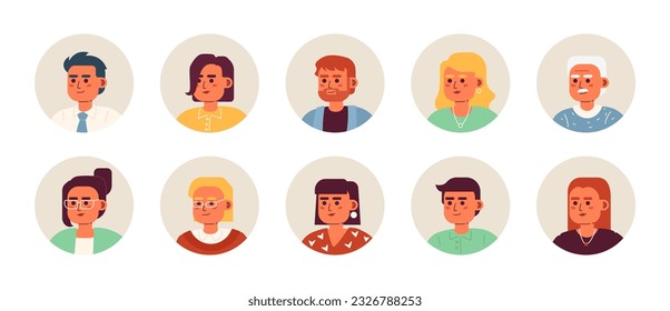 Jóvenes adultos caucásicos de color semiplano portador de cabezas empacadas. Coloridos íconos de avatar. Emociones editables al estilo de las caricaturas. Conjunto simple de ilustraciones puntuales para el diseño gráfico web