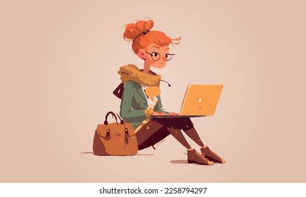 personaje adulto joven estudiando en el portátil sentado en el suelo, ilustración vectorial con diseño vectorial minimalista.