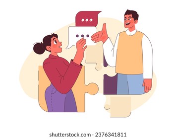 Los personajes adultos jóvenes son habilidades sociales blandas. Hombre y mujer conversando. Confianza y positividad para una comunicación interpersonal exitosa. Ilustración vectorial plana