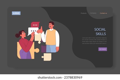 Young adult characters soft social skill dark mode or night mode web banner or landing page. Man and woman having a conversation. Successful interpersonal communication. Flat vector illustration