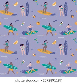 Young adult characters surfing, seamless pattern. Surfers in swim wear riding sea waves on surfboards, texture background. Wallpaper template. Summertime activity, vacation. flat vector illustration