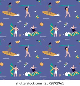 Young adult characters surfing, seamless pattern. Surfers in swim wear riding sea waves on surfboards, texture background. Wallpaper template. Summertime activity, vacation. flat vector illustration