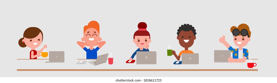 Young adult characters using laptop computer in flat design style isolated. Diversity people portrait with their laptops. Vector cartoon illustration.