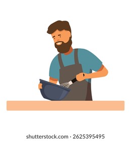 Young adult chef is whisking ingredients in a bowl while standing at a kitchen counter