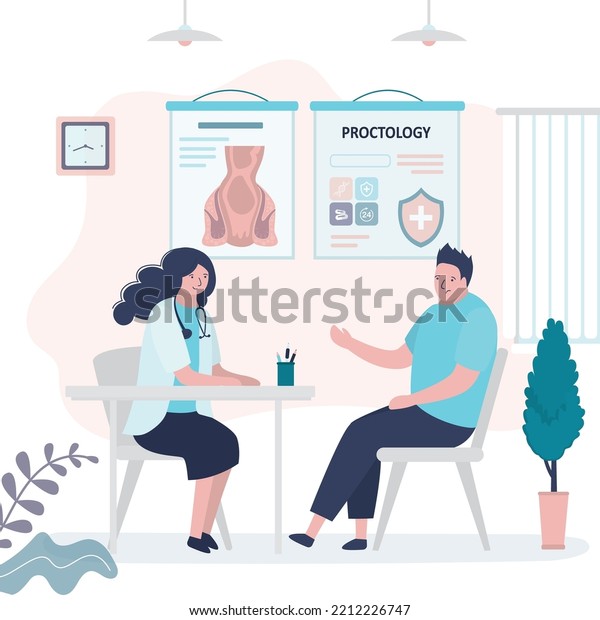 Young adult consult with doctor proctologist.
Medical office interior. Man at doctor appointment at clinic.
Prevention, diagnosis and treatment of diseases of the colon, anus,
perianal area. vector