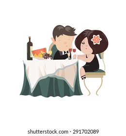 Young adult couple drinking red wine after romantic dinner together in elegant restaurant. Vector isolated illustration