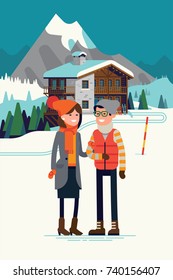 Young adult couple enjoying their winter holiday season vacation in ski resort mountain hotel. High quality vector illustration on winter outdoors activity and recreation