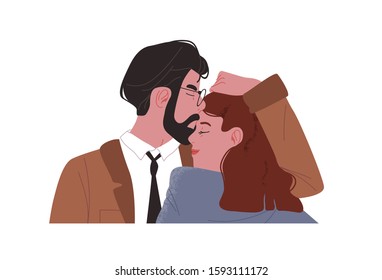 Young adult couple kissing, flat cartoon characters of man and woman kiss on isolated white background.