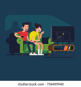 Young Adult Couple Laughing At TV Screen Watching Comedy Show Or Funny Family Film. Flat Vector Character Design On Recreation