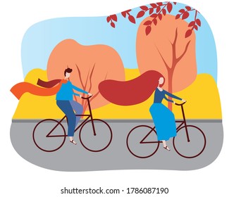 Young or adult couple of people, man and woman on a bicycle in the park as a concept of warm autumn, romance, eco travel, eco-friendly lifestyle. Flat vector stock illustration with cyclists