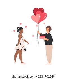 Young Adult couple in romantic relationships. Happy diversity couple on 14 February, Valentines day. Cartoon flat vector Collection of People in love in different age