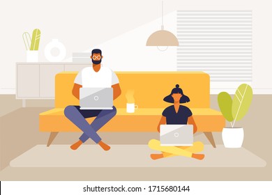 Young adult couple work at home on a sofa with laptops. Remove work and freelance. Vector cartoon characters. Illustration in flat design. 