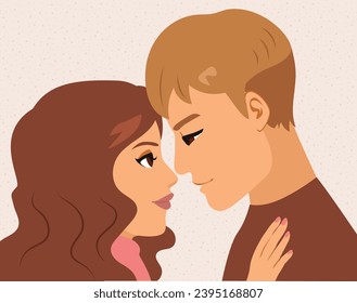 Young adult cute couple side view looking at each other illustration. Boyfriend and girlfriend in love vector flat cartoon style