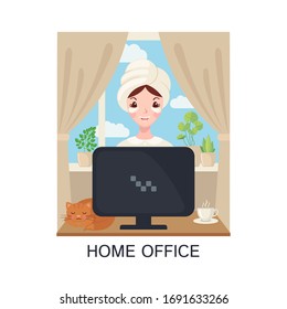 Young adult cute woman in home clothes working at home with computer in flat style isolated on white background. Freelancer female character with cat and a cup of tea or coffee.Vector illustration.