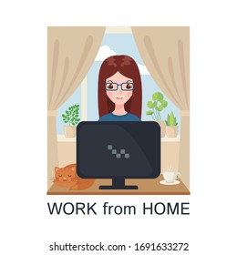 Young adult cute woman working at home with computer in flat style isolated on white background.Freelancer female character with cat and a cup of tea or coffee.Home office concept.Vector illustration.