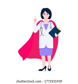 Young adult doctor with hero cape behind hospital medical employee fights against diseases and viruses on frontline flat style vector illustration. Doctor physician medical clinic staff new hero.