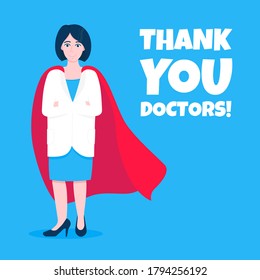 Young adult doctor with hero cape behind hospital medical employee fights against diseases and viruses on frontline flat style vector illustration. Doctor physician medical clinic staff new hero.